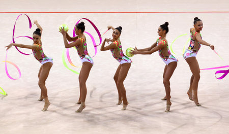 Sofia, Bulgaria - 16 September, 2022: Members of team Bulgariain action with 2 balls and 3 ribbons during the 39th FIG Rhythmic Gymnastics World Championships.のeditorial素材
