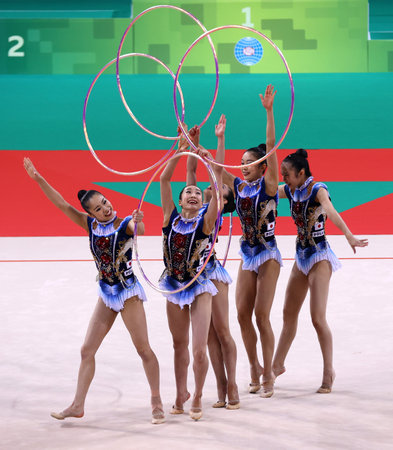 Sofia, Bulgaria - 18 September, 2022: Members of team Japan in action with 5 hoops during the 39th FIG Rhythmic Gymnastics World Championships.のeditorial素材