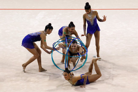 Sofia, Bulgaria - 16 September, 2022: Members of team Brazil in action with 5 hoops during the 39th FIG Rhythmic Gymnastics World Championships.のeditorial素材