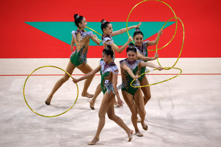 Sofia, Bulgaria - 16 September, 2022: Members of team Korea in action with 5 hoops during the 39th FIG Rhythmic Gymnastics World Championships.のeditorial素材