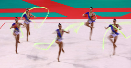 Sofia, Bulgaria - 18 September, 2022: Members of team Italy in action with 3 ribbons and 2 balls during the 39th FIG Rhythmic Gymnastics World Championships.のeditorial素材