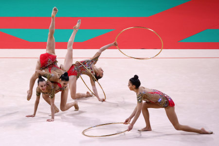 Sofia, Bulgaria - 18 September, 2022: Members of team Israel in action with 5 hoops during the 39th FIG Rhythmic Gymnastics World Championships.のeditorial素材