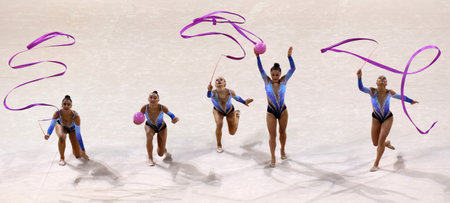 Sofia, Bulgaria - 16 September, 2022: Members of team Armenia in action with 2 balls and 3 ribbons during the 39th FIG Rhythmic Gymnastics World Championships.のeditorial素材