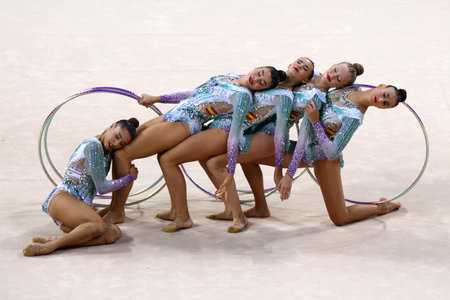 Sofia, Bulgaria - 16 September, 2022: Members of team Spain in action with 5 hoops during the 39th FIG Rhythmic Gymnastics World Championships.のeditorial素材