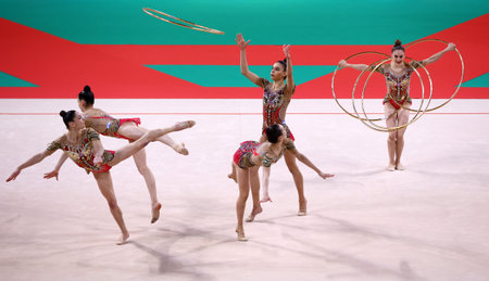 Sofia, Bulgaria - 18 September, 2022: Members of team Israel in action with 5 hoops during the 39th FIG Rhythmic Gymnastics World Championships.のeditorial素材