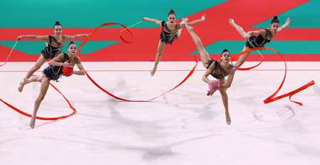 Sofia, Bulgaria - 18 September, 2022: Members of team Israel in action with 3 ribbons and 2 balls during the 39th FIG Rhythmic Gymnastics World Championships.のeditorial素材