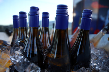 Blue wine bottles in ice at a party.の写真素材