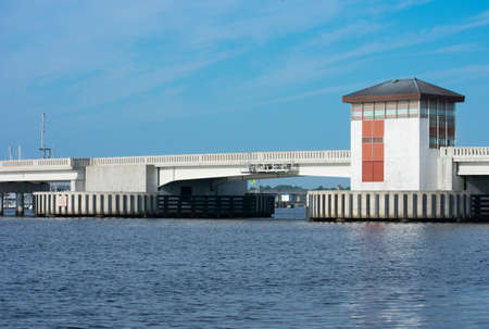 closed drawbridge over riverの写真素材