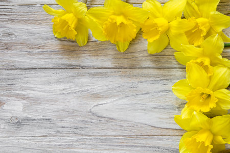 Bouquet of daffodils on wooden background on the up and right sideの写真素材