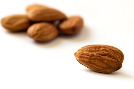 One apricot kernel on white surface with blurred apricot kernels on background.