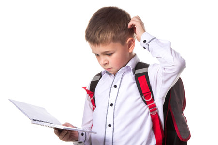 A pupil solving the task, holding exercise book. Portrait of intelligent pupil on the white...