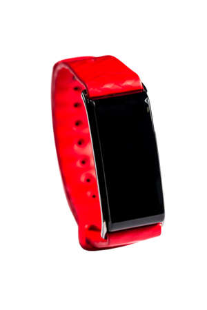 Wristwatch with red strap, 3D illustration, isolated on a white backgroundの写真素材
