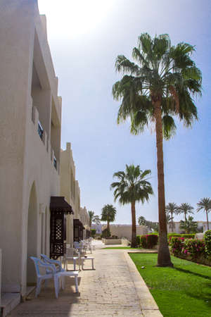 White palace in the egyptian resort with beautiful alleyの写真素材