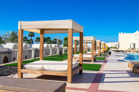 Sunbath shelter alley on the luxurious egyptian hotel territoryの写真素材