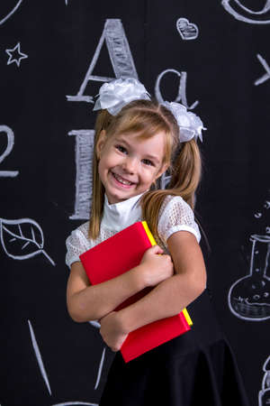 Smiling happy schoolgirl standing coquettishly before the chalkboard as a background with a couple of books hugging them. Portrait pictureの写真素材