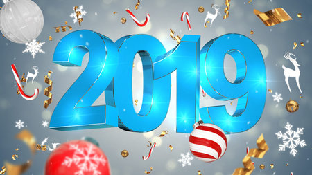 Nostalgic Christmas Decoration, Blue Text 2019, grey background with colorful tinsel, christmas toys
