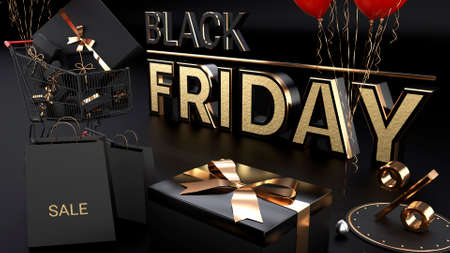Black friday sale 3D. Background design, realistic dark gift boxes. Gold and black textの写真素材