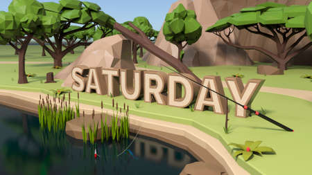 3D Low poly land scene with popup trees and rocks. Saturdayの写真素材