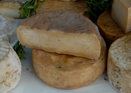 craft ewe's cheeses in a market in corsica 