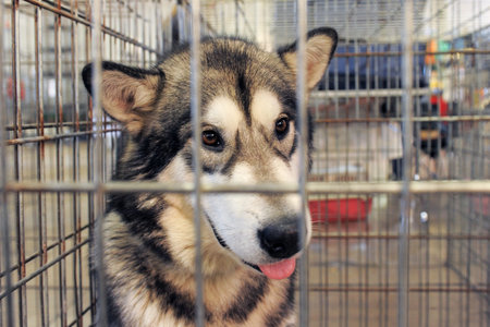 sad Alaskan Malamute closed inside pet carrier 