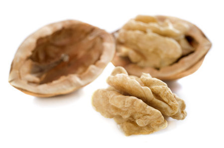 picture of opening walnut in front of white background