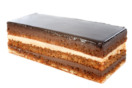 french chocolate cake opera in front of white background