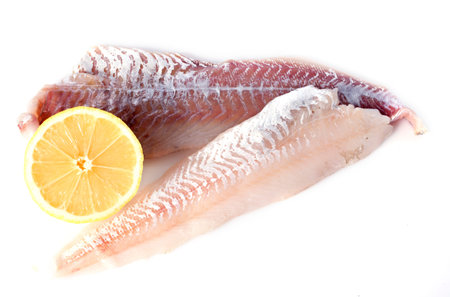 fillet of Saithe and Merlangius in front of white background