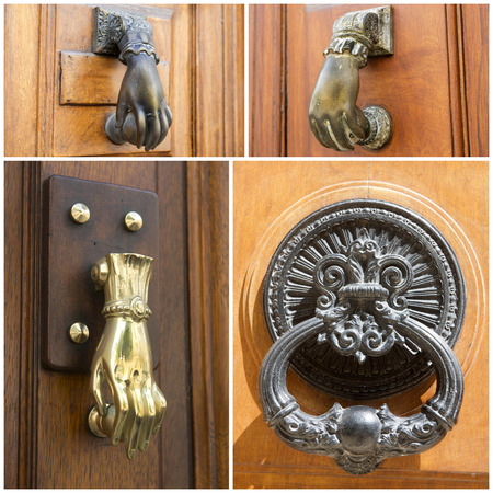 detail of door knockers on a building exteriorの写真素材