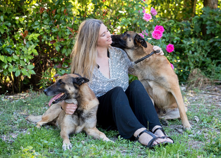 woman and belgian shepherd malinois in a gardenの写真素材