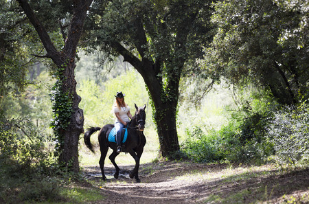 woman rider and her black horse are walking in natureの写真素材