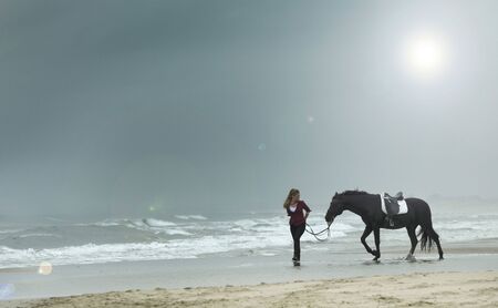 riding girl are training her horse on the beachの写真素材