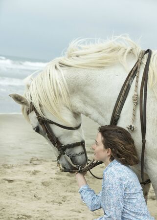 riding girl are training her horse on the beachの写真素材