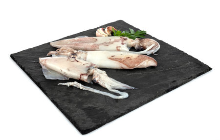 raw squid in front of white background