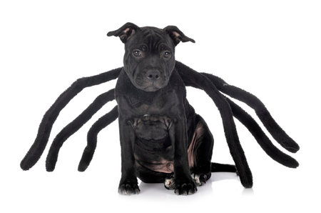 staffordshire bull terrier in front of white background
