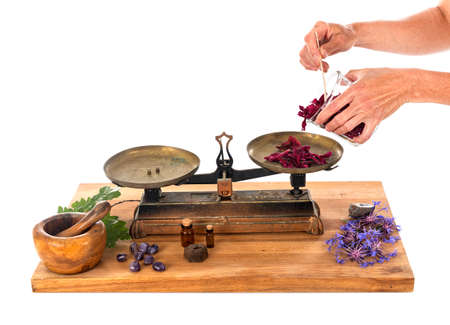 Roberval balance in front of white backgroundの写真素材