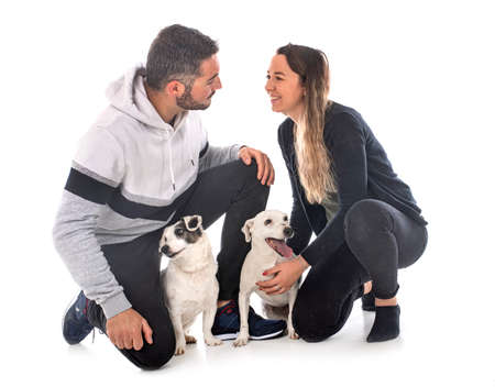 jack russel terriers and couple in front of white backgroundの写真素材