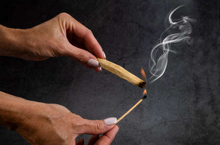 palo santo burning in front of dark backgroundの写真素材