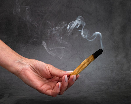 palo santo burning in front of dark backgroundの写真素材