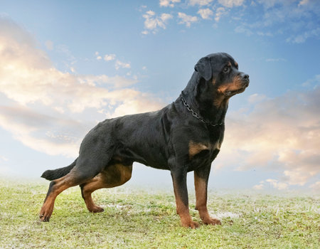 puppy rottweiler running in the nature in summerの写真素材
