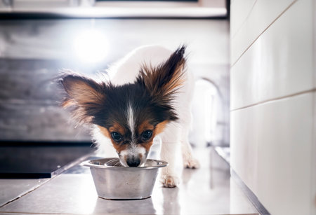 puppy papel dog eating in front of kitchen backgroundの素材