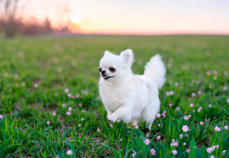 purebred chihuahua in a garden in springの素材
