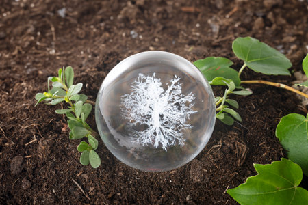 crystal sphere and ground in front of white backgroundの写真素材