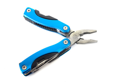 Swiss army knife in front of white backgroundの写真素材