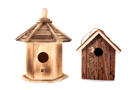 bird nest houses in front of white backgroundの写真素材