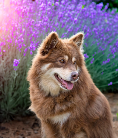 brown Finnish Lapphund walking in the natureの素材