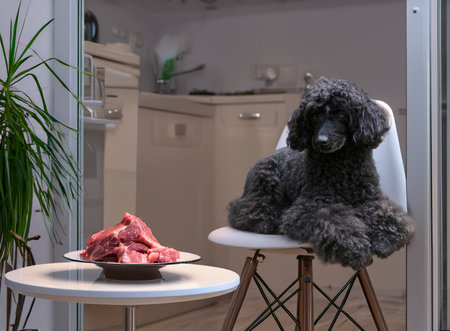 black poodle in front of garden backgroundの素材