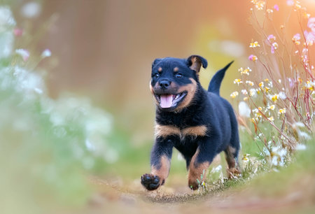 young rottweiler staying in the nature in summerの素材