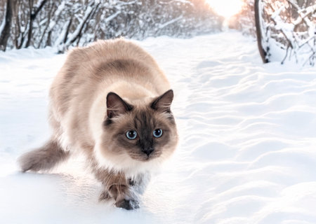 siberian cat in front of winter backgroundの素材