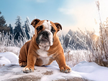 young english bulldog in front of winter backgroundの素材