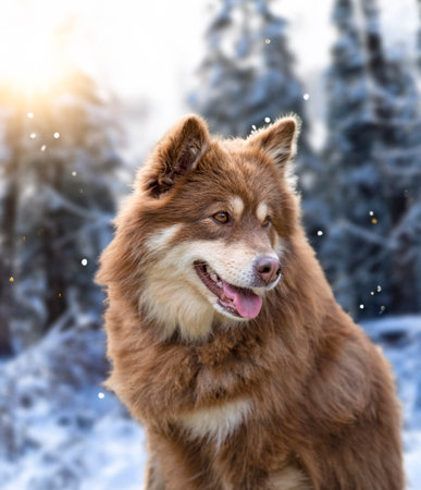 brown Finnish Lapphund walking in the natureの素材